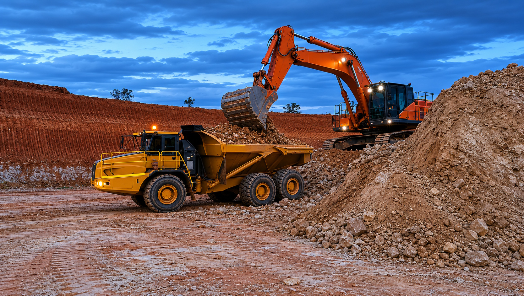 Excavator loading articulated dump truck in a satellite mining pit